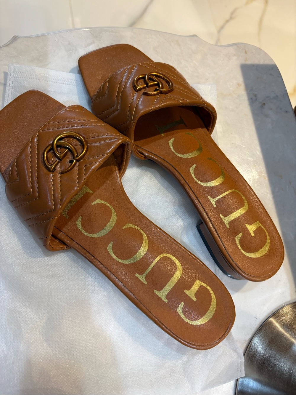 Women's Brown Leather Marmont Slide Sandals
